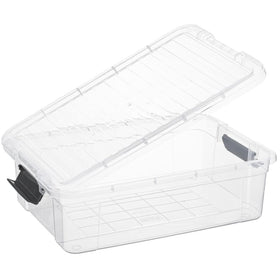 Superio clear storage box with lid—side view illustrates compact shelf footprint.