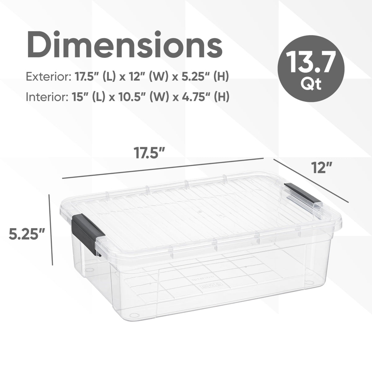 Superio stackable transparent storage bin highlights space-saving organization.