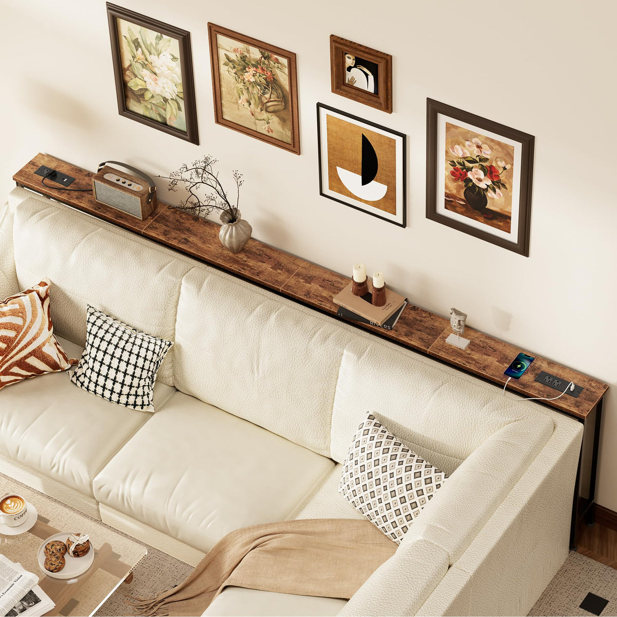 Twin tables joined to form a seamless 1024-inch behind-sofa console