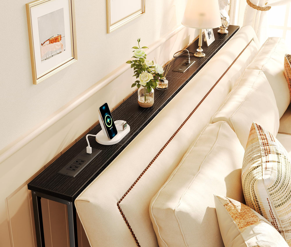 Superjare behind-sofa charging station keeps devices powered while relaxing.