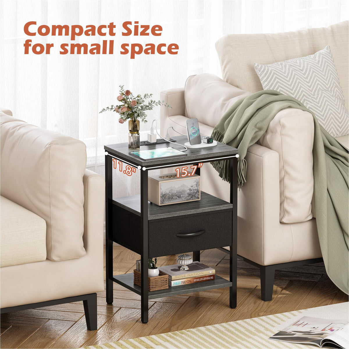 Three-tier storage shelves keep bedside essentials organized and within reach.