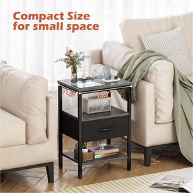 Three-tier storage shelves keep bedside essentials organized and within reach.