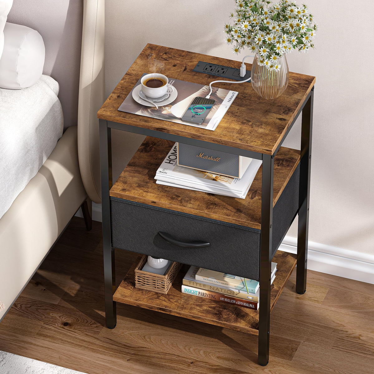 Bedside storage surface keeps essentials within reach at night.