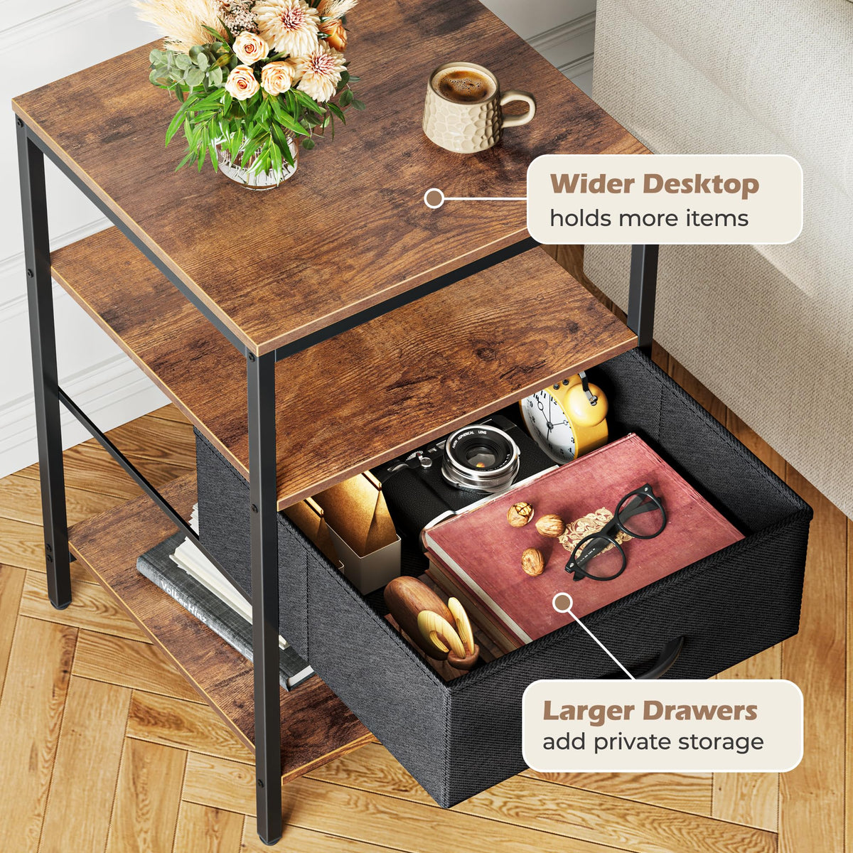 Superjare nightstand charging ports highlight USB and AC outlets.