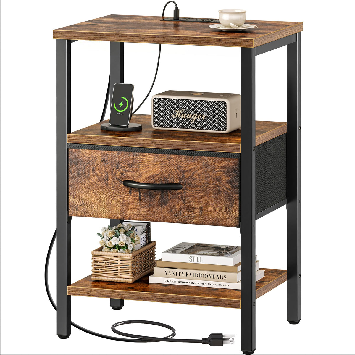 SUPERJARE nightstand with charging station showing USB and USB-C ports for bedside charging