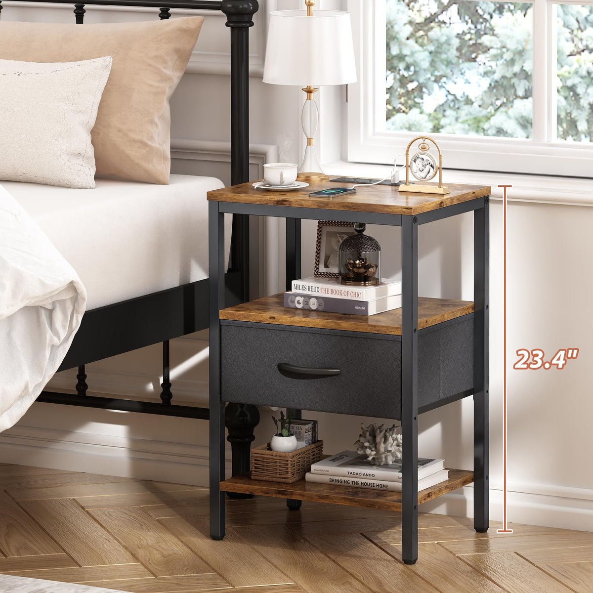 Fabric drawer can be installed up or down for flexible storage options.