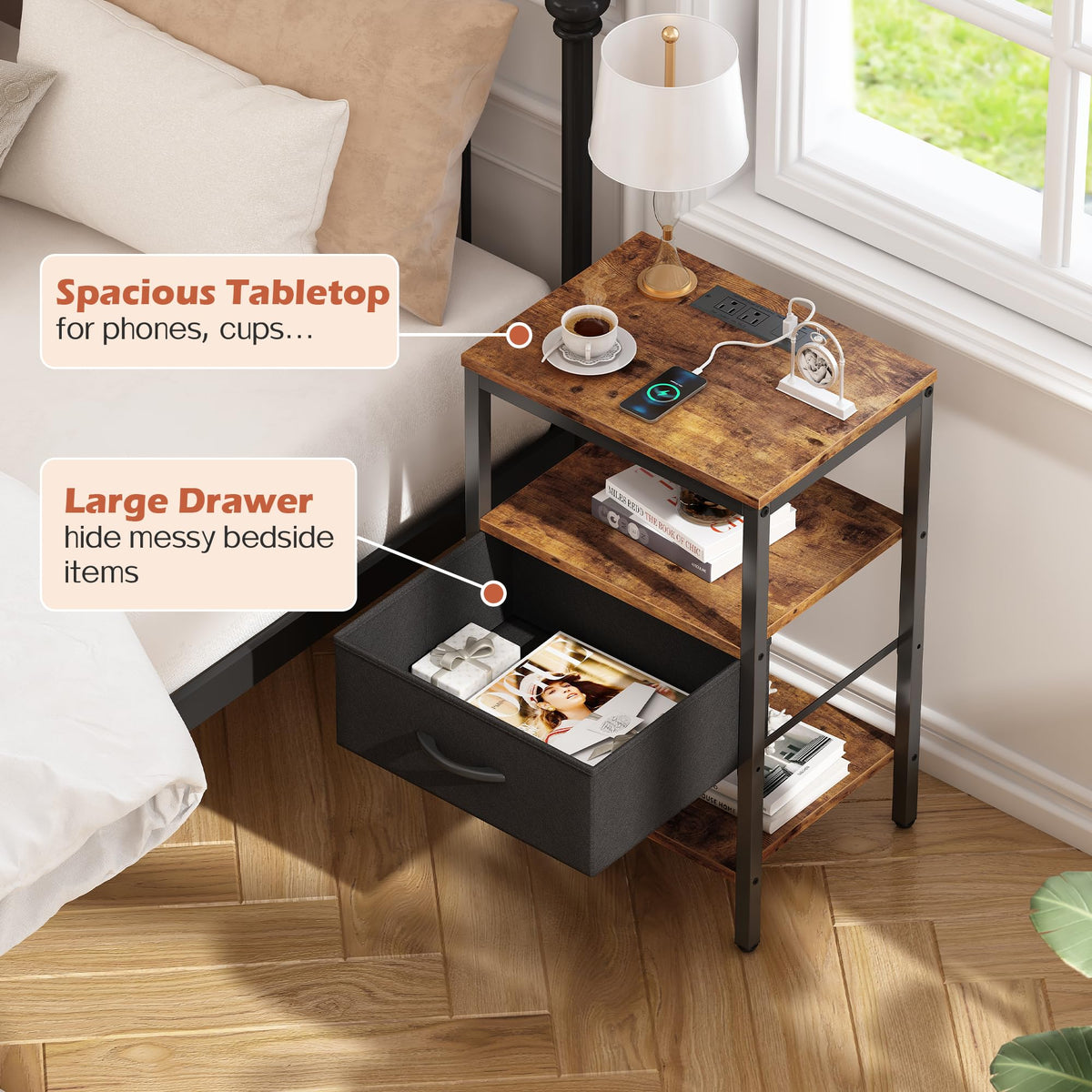 Sturdy frame and particle board provide durable daily use on the nightstand.