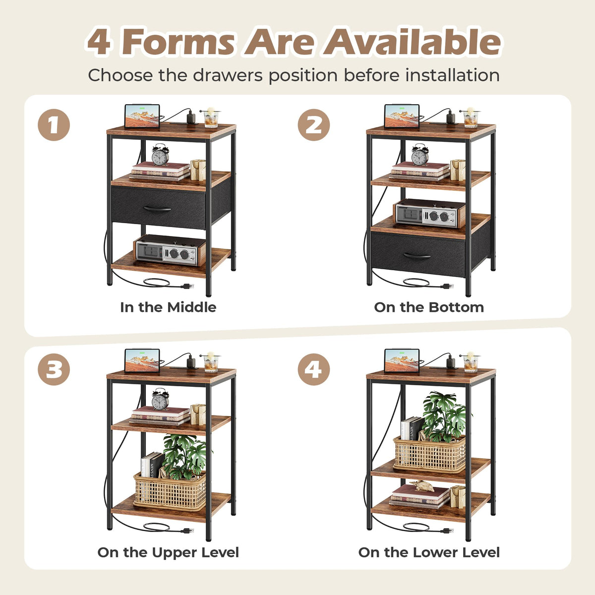 Superjare nightstand easy assembly with labeled parts and tools.