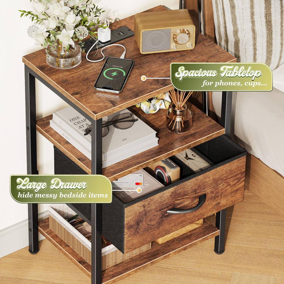 SUPERJARE nightstand fabric drawer in down position for concealed storage