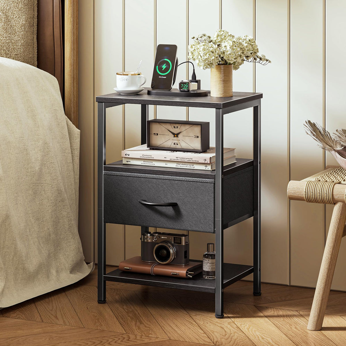 SUPERJARE nightstand fabric drawer provides hidden storage beside the bed.