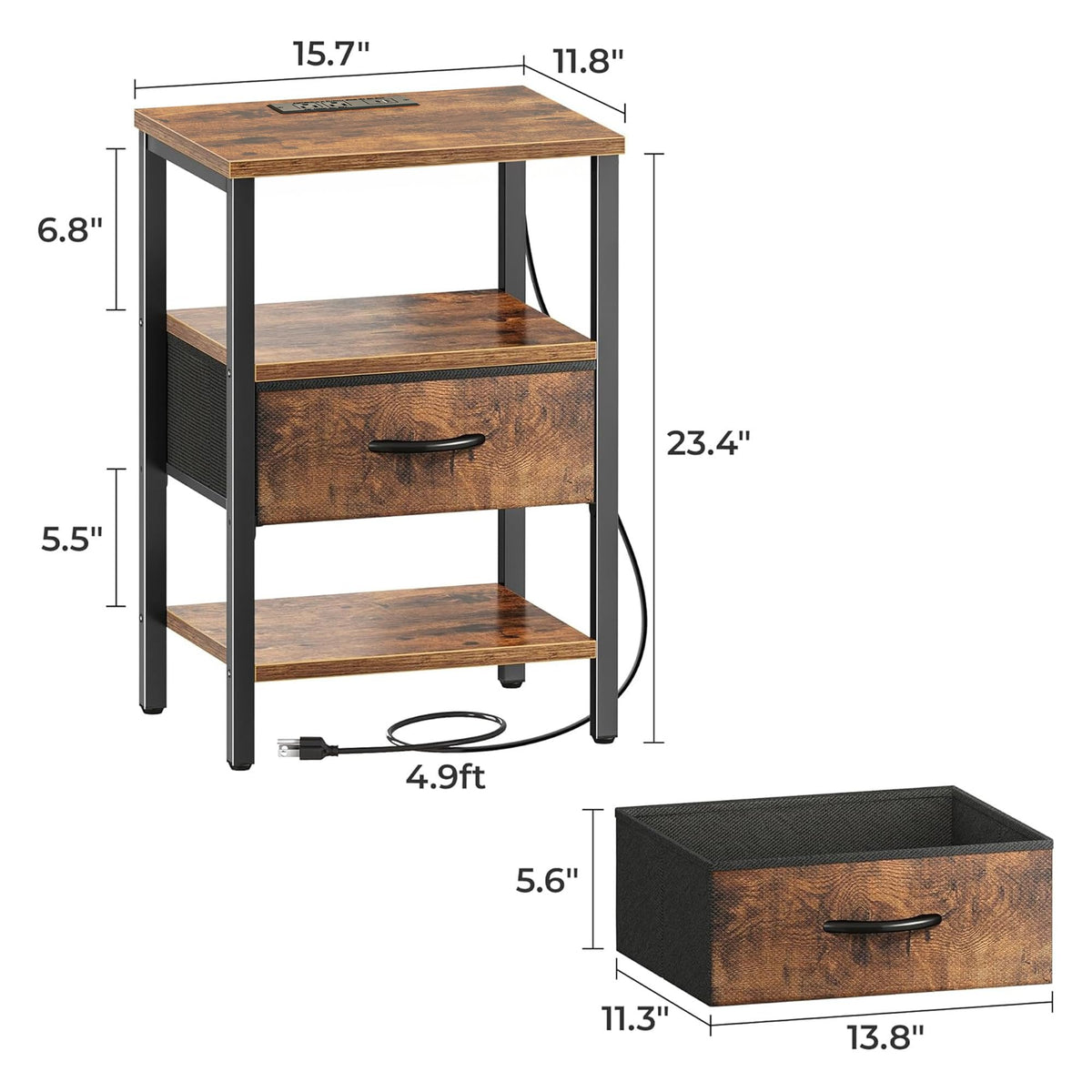 SUPERJARE nightstand metal frame and wood-grain shelves for durable support