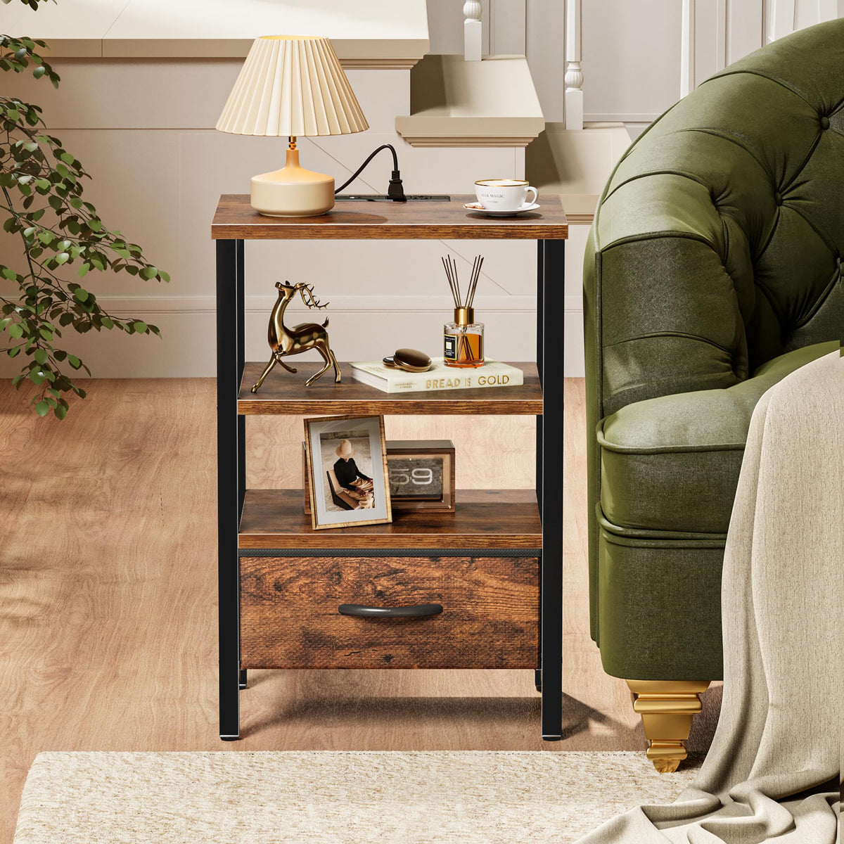 SUPERJARE nightstand side view illustrating adjustable feet on an uneven floor