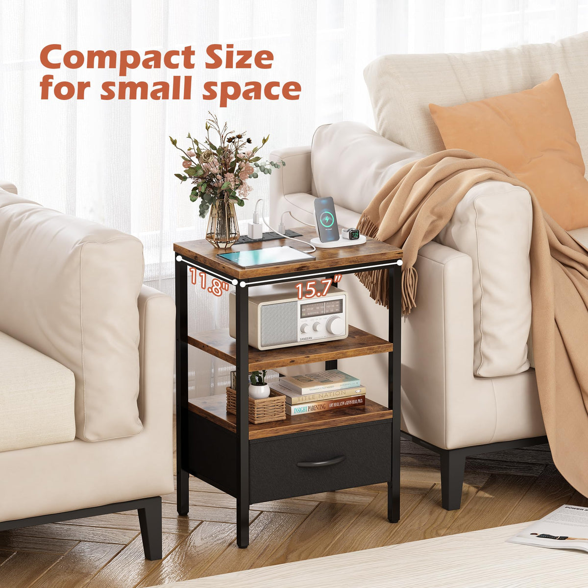 Vintage wood grain finish with black metal frame for timeless style.