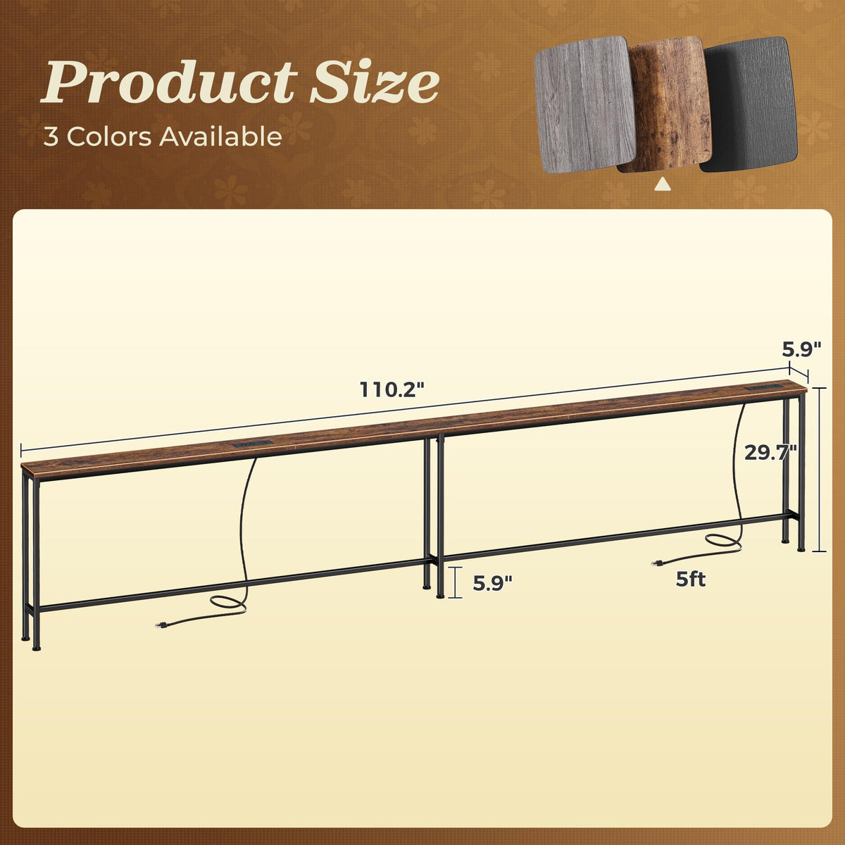 Rustic brown finish on engineered wood and metal frame for durability.