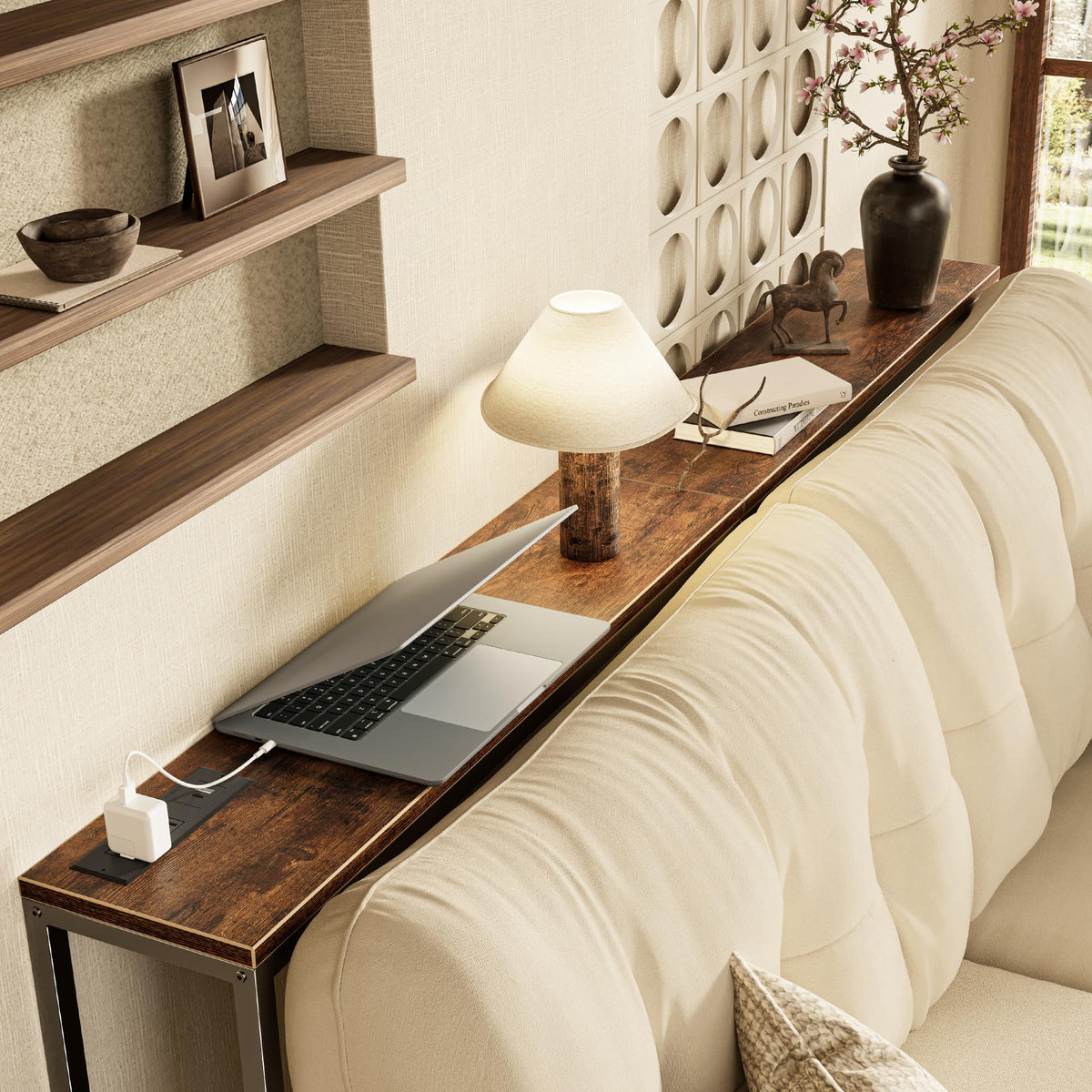 SuperJARE sofa table with a charging station keeps devices powered.