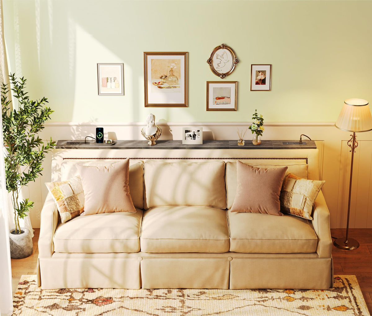 SuperJARE slim storage behind sofa for remotes and glasses.