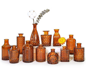 SUPMIND 12pc amber bud vases set with etched patterns for vintage centerpieces