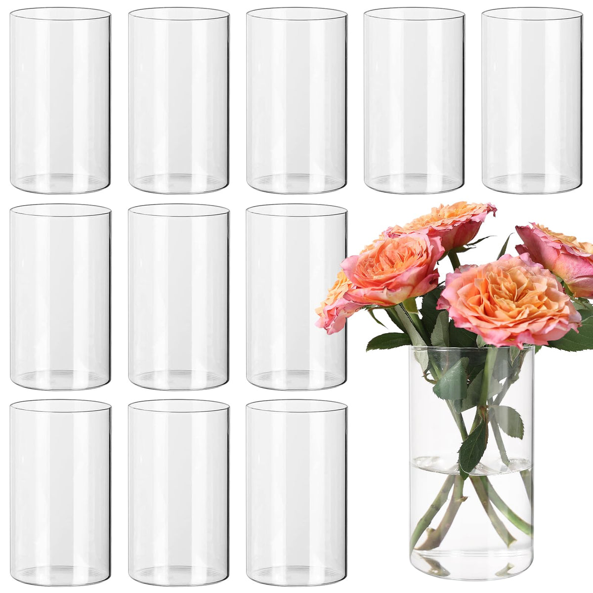 SUPMIND 12-piece clear cylinder vases ideal for elegant table centerpieces.