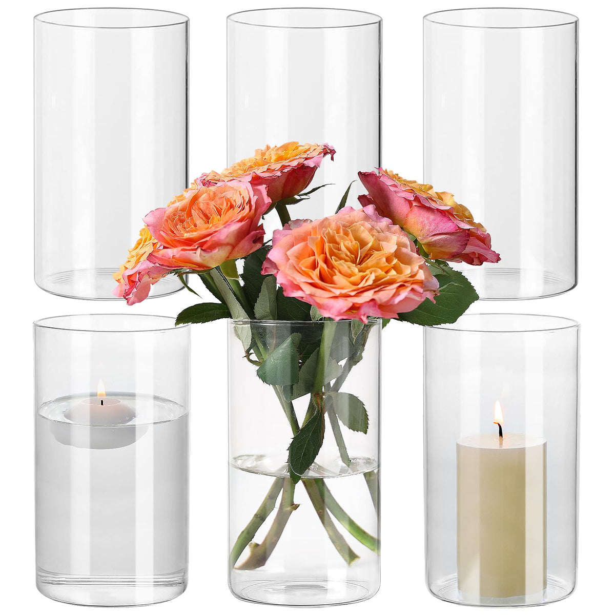 SUPMIND 6-pack glass cylinder vases for elegant centerpieces and table decor.