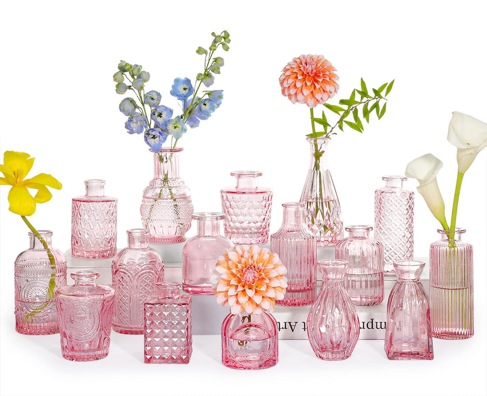 SUPMIND glass bud vase set of 16 pink, ideal for bright table centerpieces