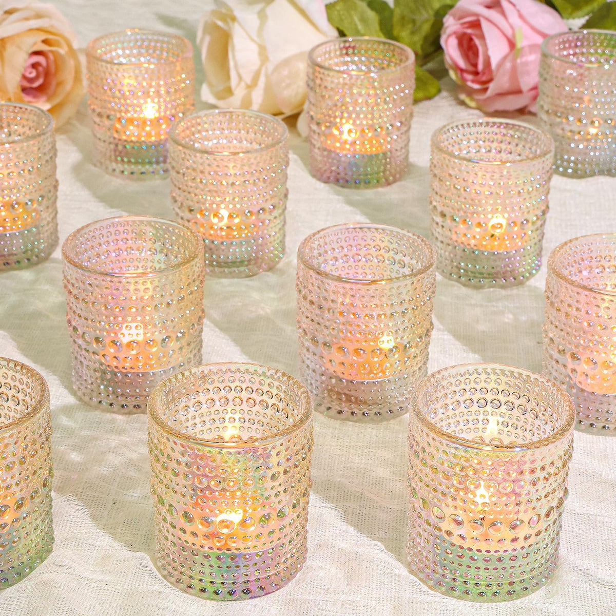SUPMIND pink iridescent votive holder close-up for wedding centerpieces