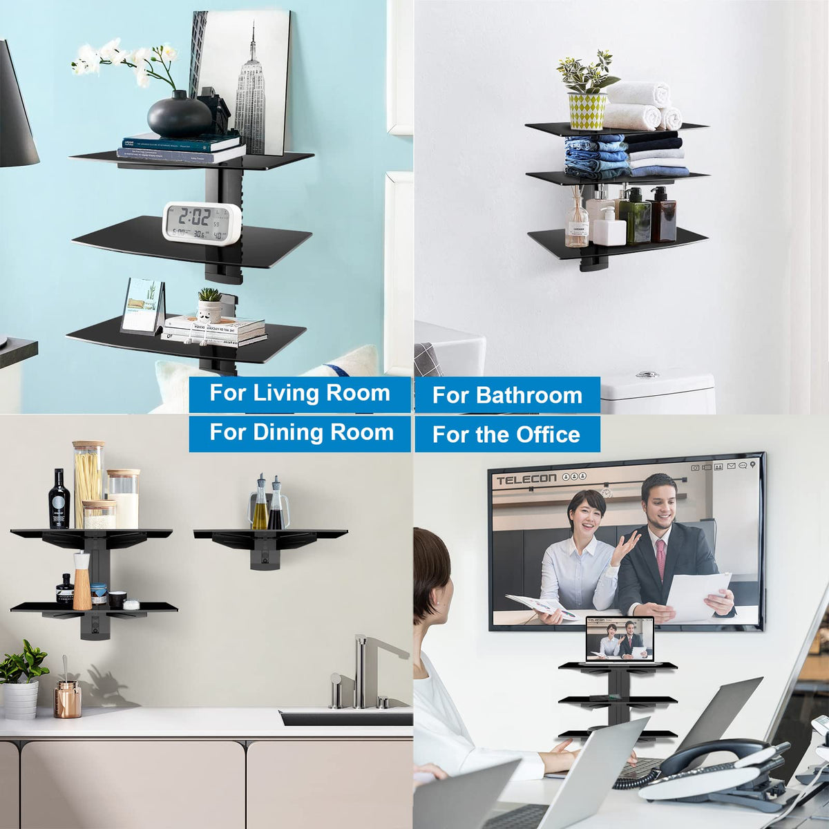 Three black glass shelves provide stable storage for AV components