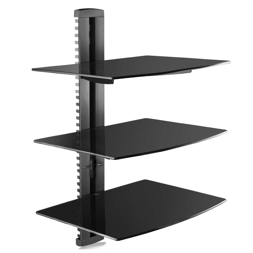 Suptek CS303 front view shows three-shelf black tempered glass for AV gear