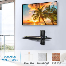 Suptek glass floating shelf with cable-management openings keeps cords discreet
