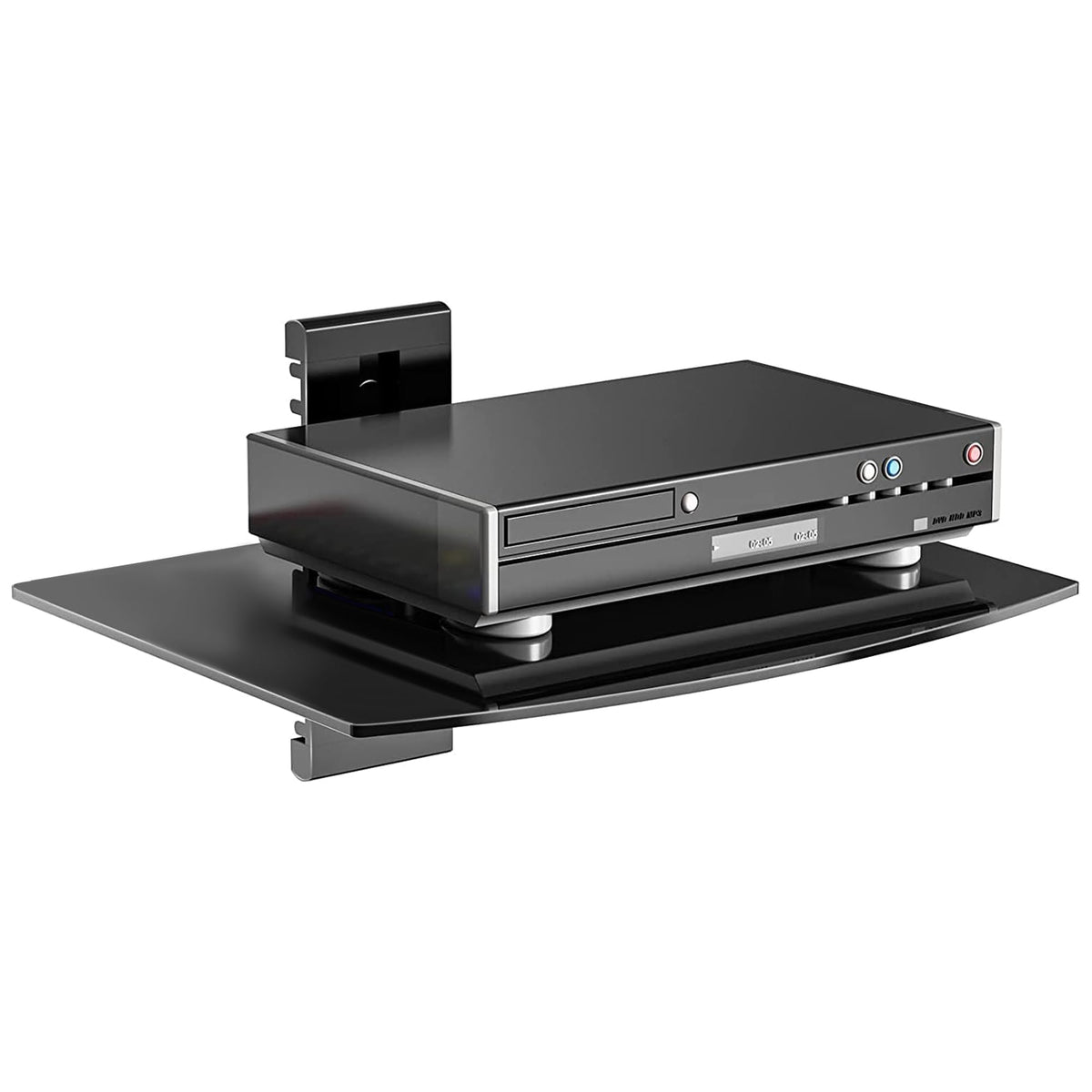 Suptek glass floating shelf close-up demonstrates sturdy wall mount for clean TV setup