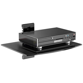 Suptek glass floating shelf close-up demonstrates sturdy wall mount for clean TV setup