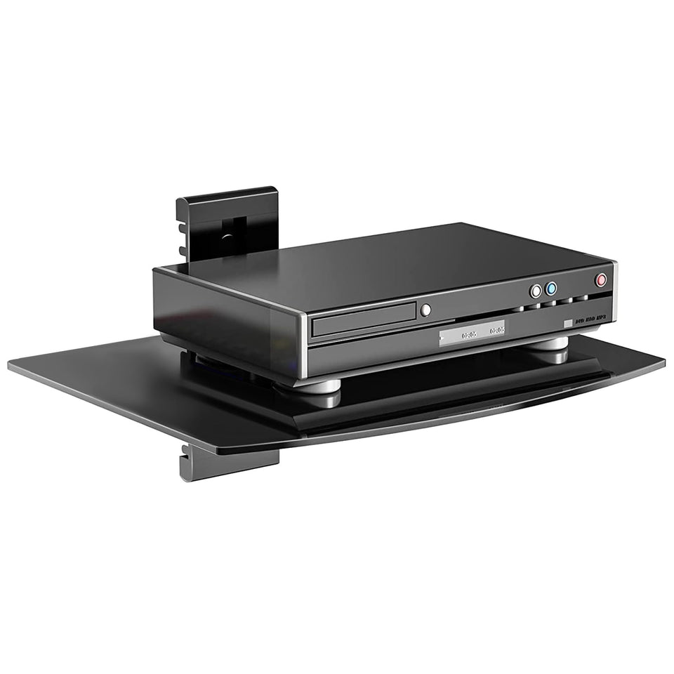 Suptek glass floating shelf close-up demonstrates sturdy wall mount for clean TV setup