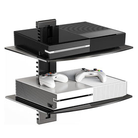 Suptek glass floating shelf on TV wall mount, showcasing a sleek, organized entertainment setup
