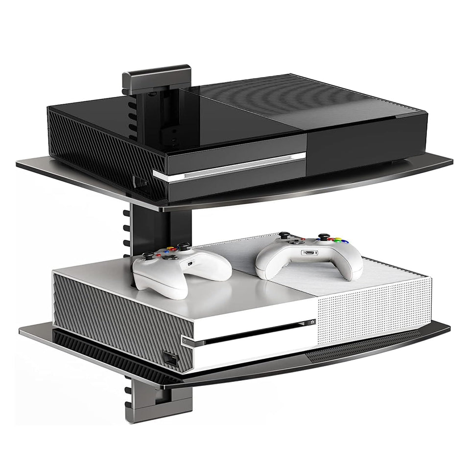 Suptek glass floating shelf on TV wall mount, showcasing a sleek, organized entertainment setup