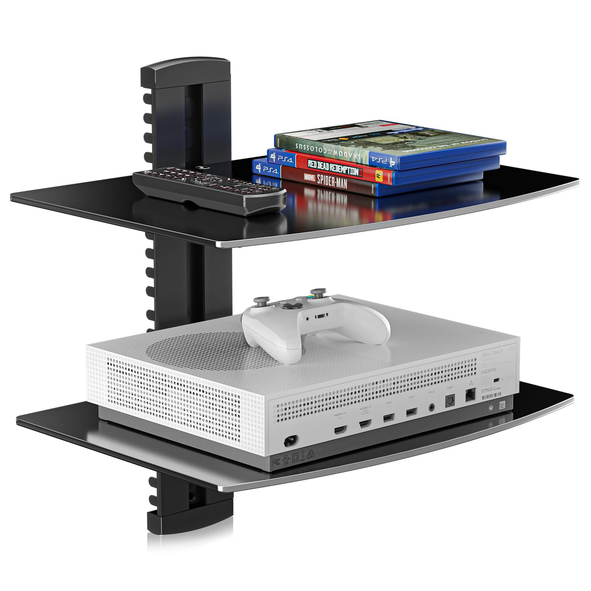Suptek CS202 speaker mount with floating glass shelf for organized AV setup