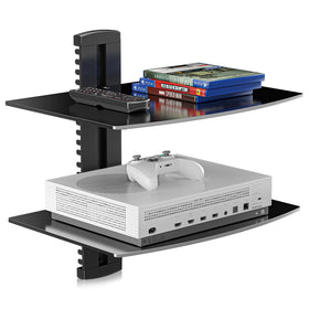 Suptek CS202 speaker mount with floating glass shelf for organized AV setup