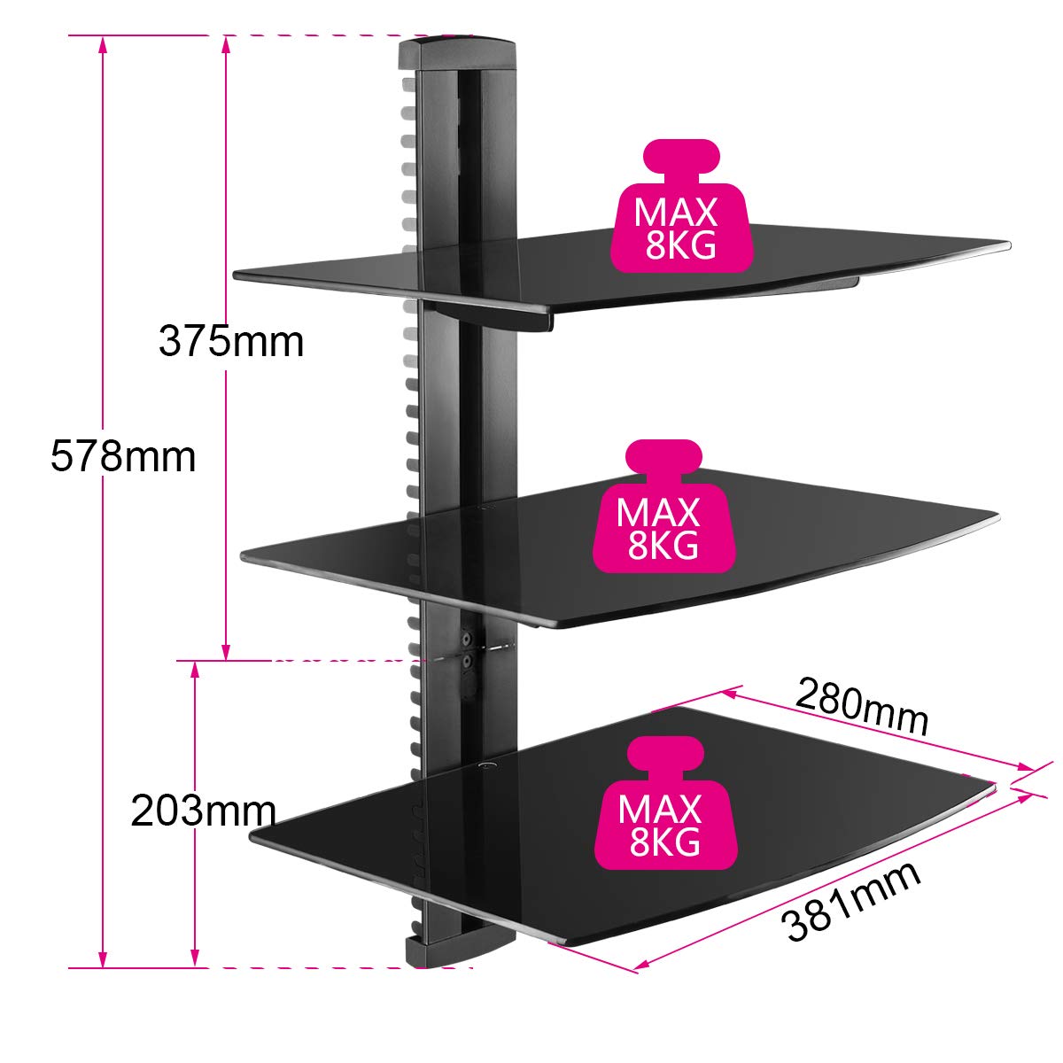 Tempered glass shelves from Suptek CS303 support DVD players and consoles