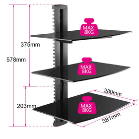 Tempered glass shelves from Suptek CS303 support DVD players and consoles