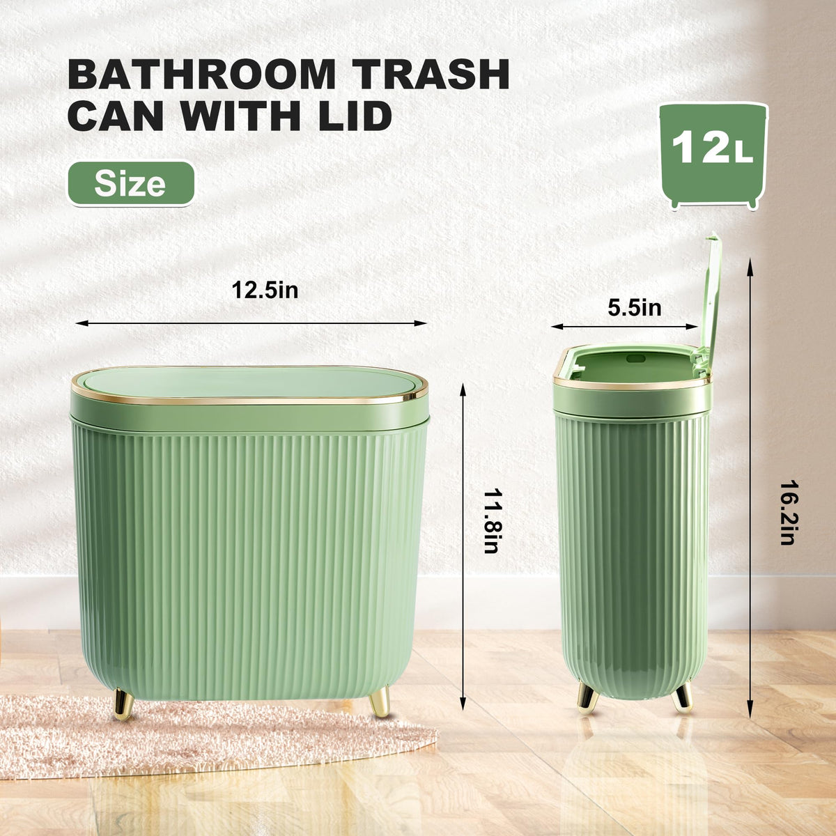 Supteron narrow mint-green trash bin with press lid fits tight spaces.