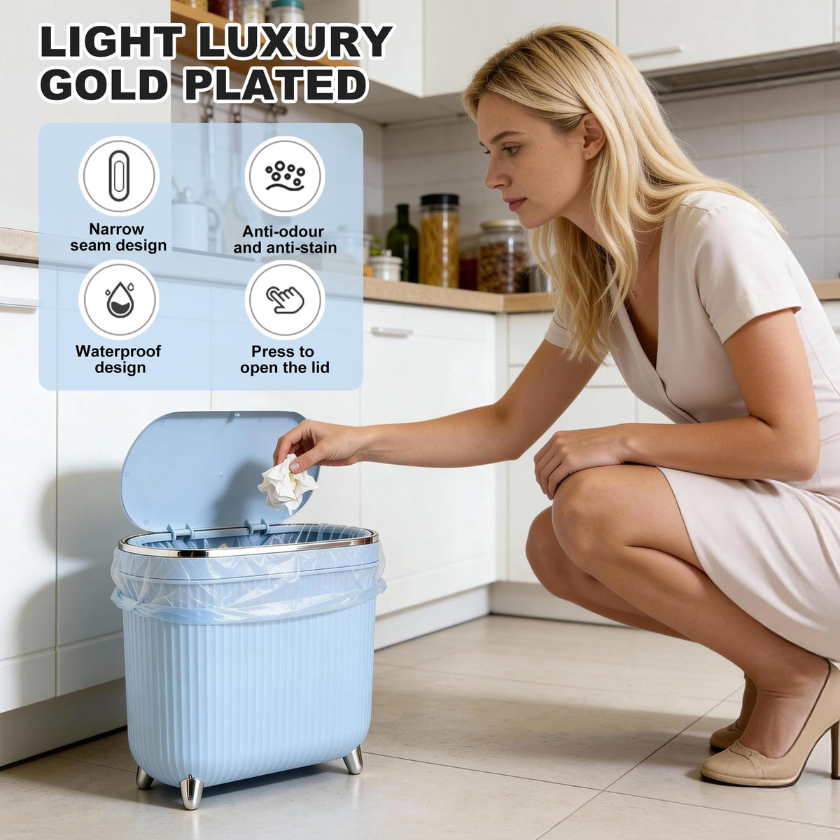 Supteron narrow oval trash can in bathroom fits compact corners