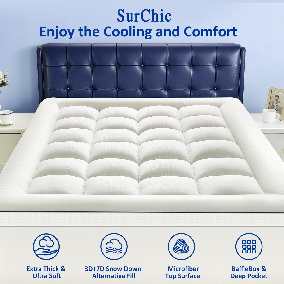 SurChic King Size Topper deep-pocket fit on thick mattresses, non-slip stay-put design.