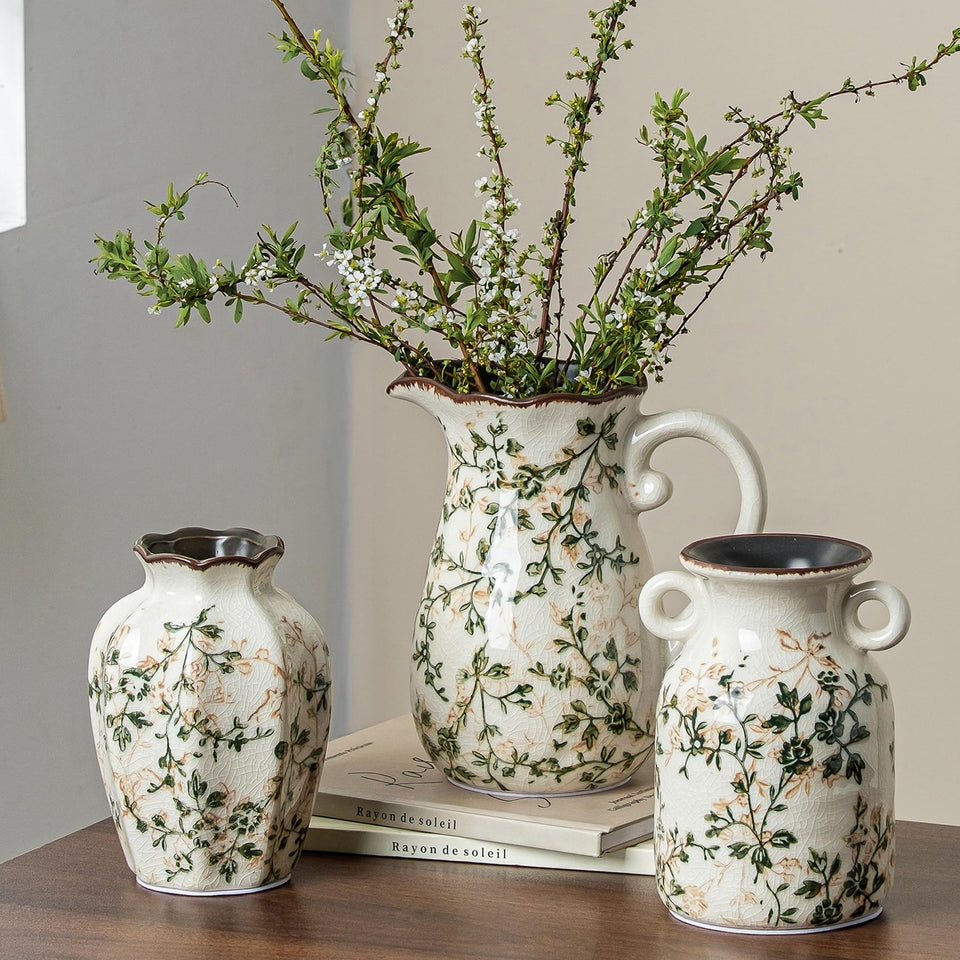 Sure Yuesi three-piece ceramic vase set with pitcher vase in green glaze for timeless farmhouse styling.