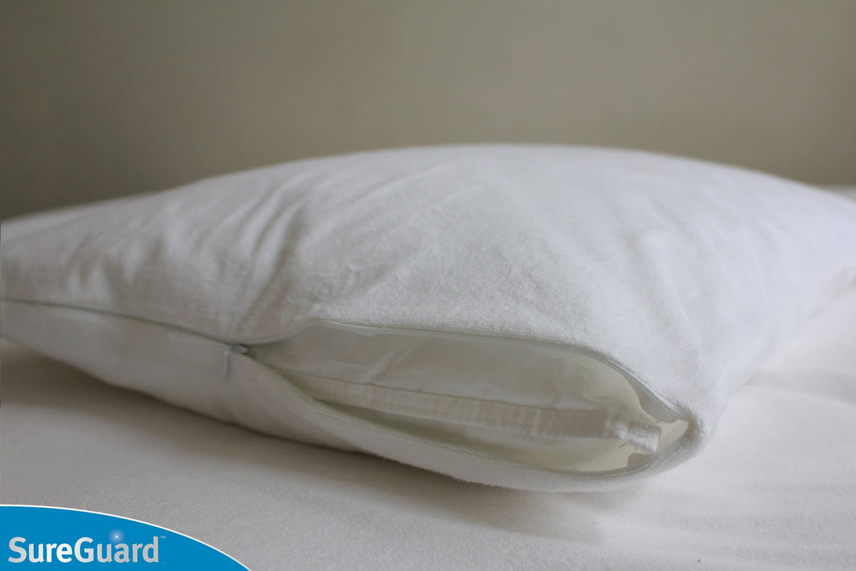 SureGuard hypoallergenic pillow cover blocks dust mites and allergens for a fresher pillow.