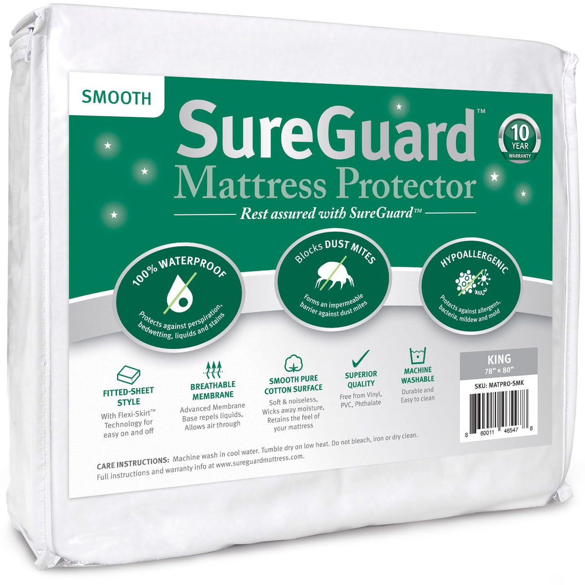 SureGuard king-size mattress protector with top cover blocks spills while preserving mattress feel.