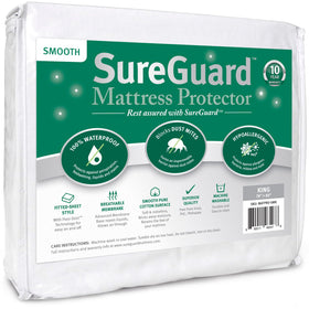 SureGuard king-size mattress protector with top cover blocks spills while preserving mattress feel.