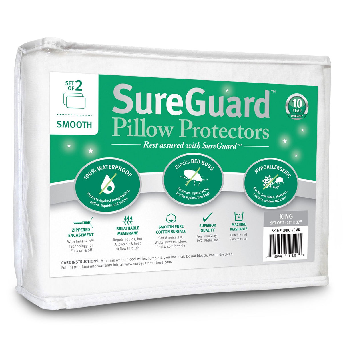 SureGuard pillow protector waterproof king-size cover guarding pillows from spills and stains.