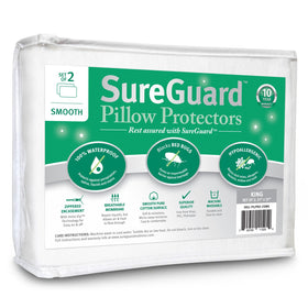SureGuard pillow protector waterproof king-size cover guarding pillows from spills and stains.