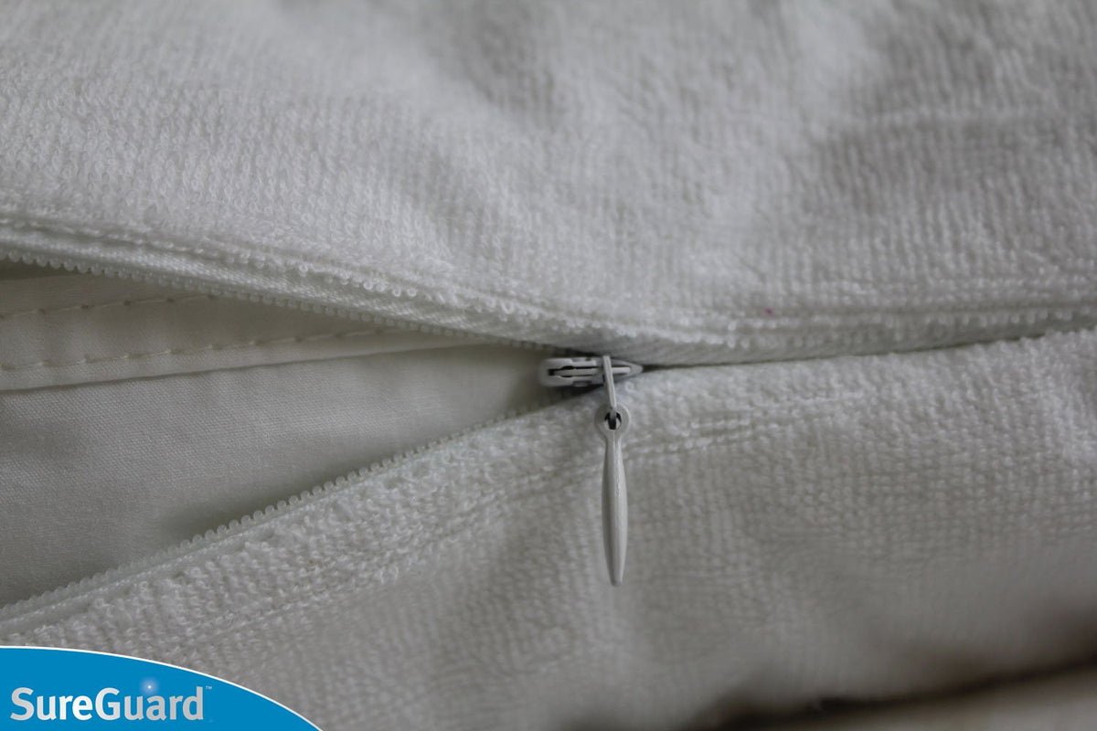 SureGuard soft cotton terry pillow cover stays quiet and comfortable through the night.