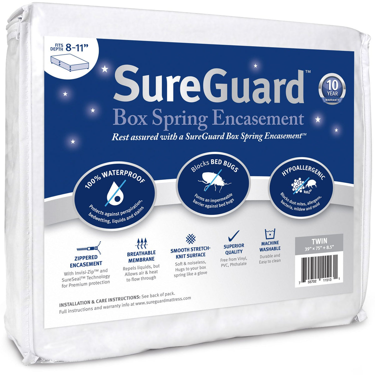 SureGuard twin box spring encasement waterproof cover seals spills and stains.