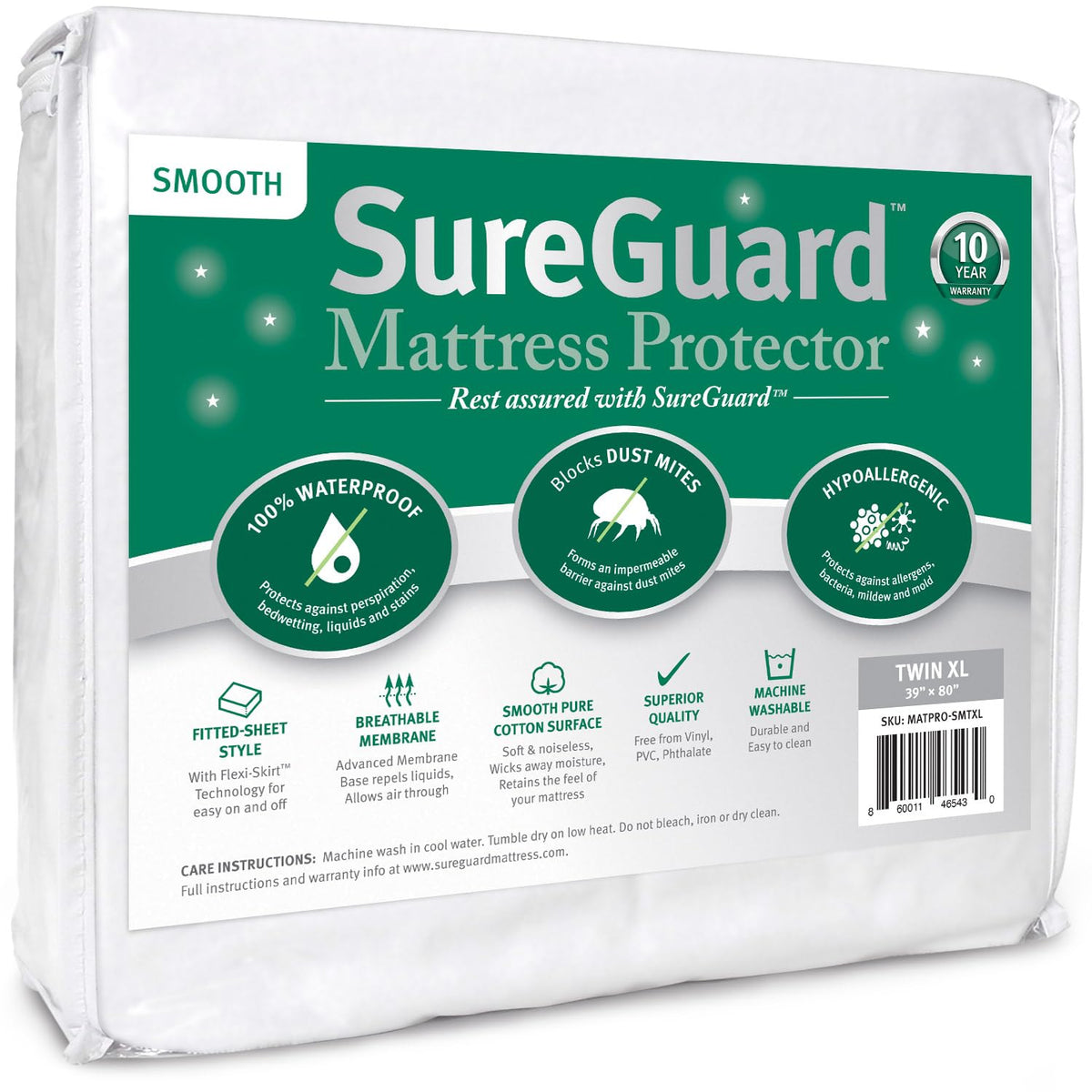 SureGuard Twin XL mattress protector top view highlights waterproof cotton surface and protection against spills