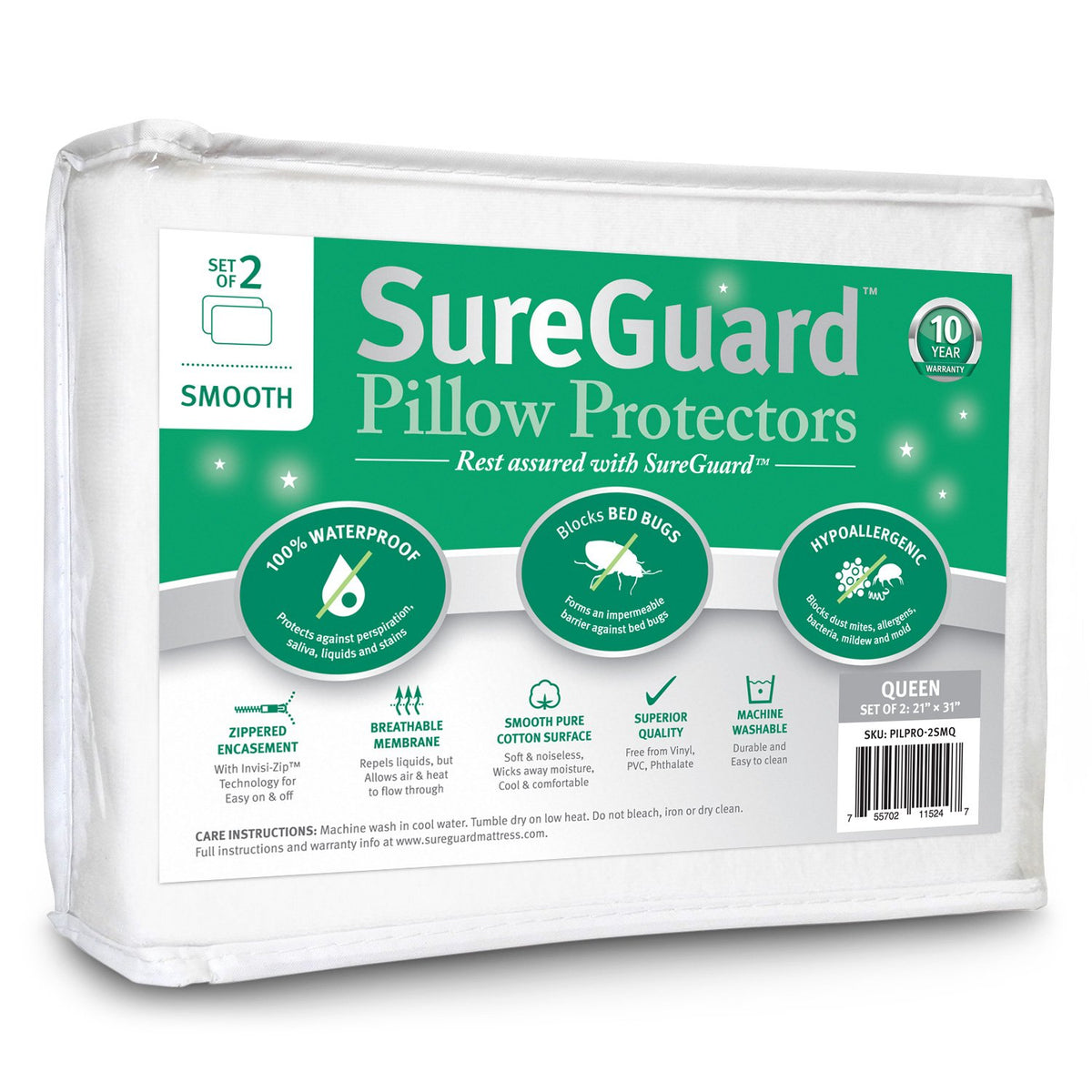 SureGuard waterproof pillow protector in queen size, 2-pack, keeps pillows dry.